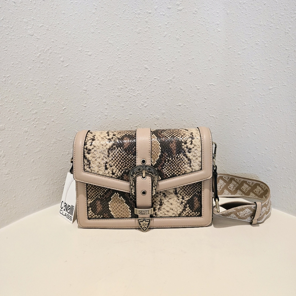 Cavalli Class Women’s Phiton Print Nude Multi Shoulder Crossbody Bag OS